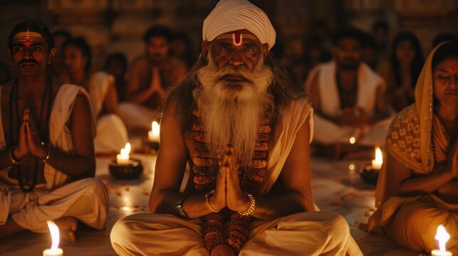 The reverence and gratitude of disciples towards their gurus on Guru Purnima. Capture the tender moments of guidance, learning, and spiritual connection