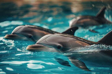 Close up shot of dolphins swimming in the water, motion blur photography, blue and brown color palette.