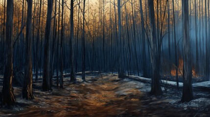 Fototapeta premium The forest after the fire. Burnt down trees after forest fire. The consequences of fire in the woods. Natural disasters.