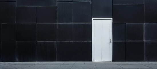 White door on a black wall. Minimalistic style design. High contrast interior