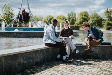 A trio of mixed race businesspeople analyze documents and brainstorm by a fountain, discussing marketing strategies and business growth on a sunny day.