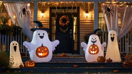 A family-friendly Halloween outdoor display with inflatable ghosts and pumpkins, cheerful banners, and playful spider decorations climbing the house's exterior