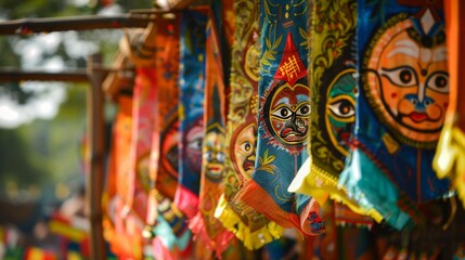 A vibrant display of traditional banners and pennants, showcasing the festive and celebratory atmosphere of the Jagannath Rath Yatra