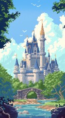 Beautiful landscape of the castle pixel art. Castle from fairy tale in pixels.