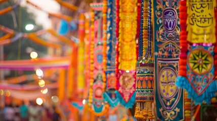 Obraz premium A vibrant display of traditional banners and pennants, showcasing the festive and celebratory atmosphere of the Jagannath Rath Yatra