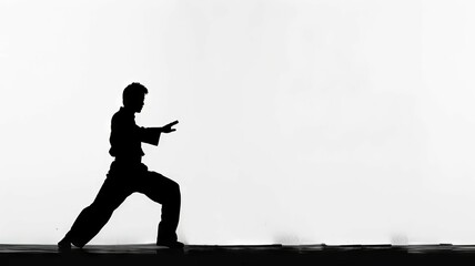 Silhouetted Wushu Acrobat Performing Dynamic Kung Fu Leap Against Stark White Background