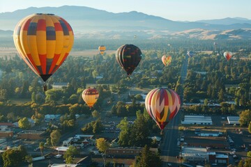 Obraz premium Soaring Over Grants Pass: Hot Air Balloons Take Flight at Annual Balloon & Kite Festival