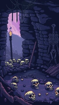 skeletons in the dungeon, cartoon style. Human skulls in abandoned castle room. Video games concept.