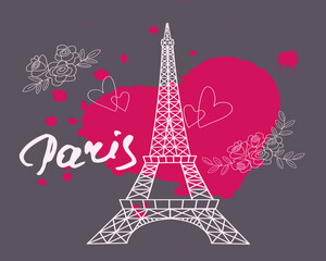 romantic background with the image of the Eiffel tower butterflies and a bouquet of flowers and text Paris
