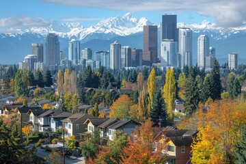 Snowy Peaks and Urban Skyscrapers of Bellevue in Aerial View - City