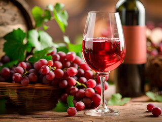 Wineglass with red wine, grapes on wooden background