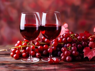 Two glasses of red wine, grapes and leaves on wooden table
