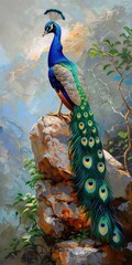 Fototapeta premium Painting of Peacock Standing on Rock - Stunning Nature Artwork