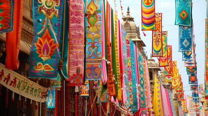 A vibrant display of traditional banners and pennants, showcasing the festive and celebratory atmosphere of the Jagannath Rath Yatra