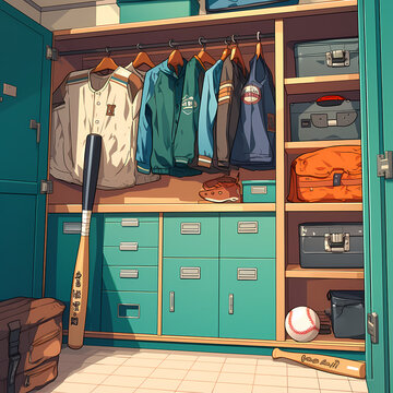 Striking Image of a Well-Stocked Locker Room with Baseball Equipment and Sports Gear