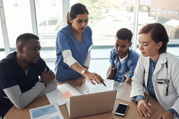 People, nurse and teamwork in meeting with computer, presentation and idea for solution in medical...