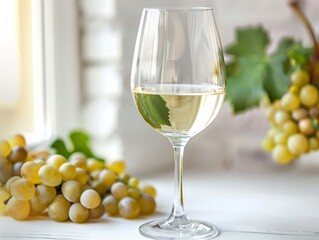 Glass of white wine and ripe grapes on windowsill, closeup