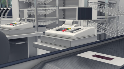 Supermarket cash registers, retail shelves in the store interior. 3d illustration