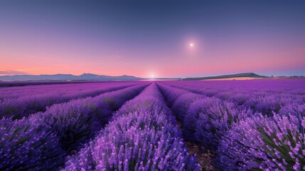 A Lavender Field at Twilight with a Clear Sky and a Full Moon Rising