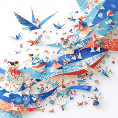 Vividly colored origami figures form an intricate sculpture, showcasing the artistry of paper folding.