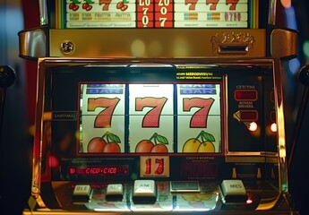 Casino's fruit machine front adorned with sevens.