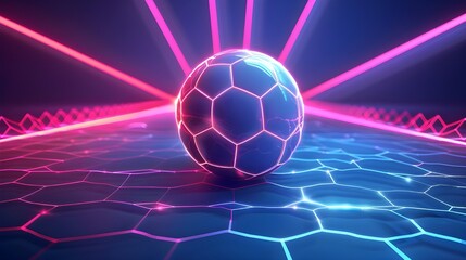 Football championship light background. abstract glowing neon colored soccer ball and hexagon grid pattern over blue background 