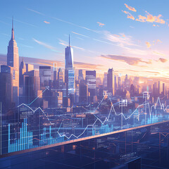 Revitalized Metropolis at Sunset with Dynamic Holographic Elements