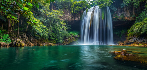 A breathtaking panorama of a secluded waterfall oasis, surrounded by the untouched beauty of Saraburi's rainforest. 