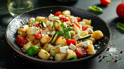 italian gnocchi with pepper pieces, courgette pieces, feta cheese, sliced onion and cherry tomatoes