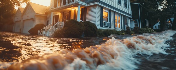 Suburban Home by Flooded Street in Sunset