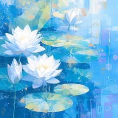 Serene Garden Scene Featuring Radiant Lotus Flowers and Water Lilies Amidst the Calm Waters of a Sunlit Pond