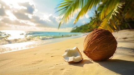 coconut fruit lies serenely on the sun-kissed shores of the beach