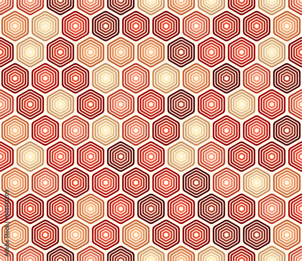 Poster Hexagon background design. Red color tones gradients. Bold rounded stacked hexagons mosaic pattern. Hexagonal shapes. Seamless pattern. Tileable vector illustration.