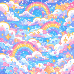 Joyful Vibrant Rainbow Seamless Design with Colorful Clouds for Backgrounds and Textiles