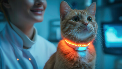 A cat outfitted with a smart collar with smiling veterinary, futuristic veterinary pet  hospital with advanced technology for pet healthcare.
