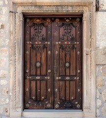 wooden door with metal decoration in the style of an old city of Arabic architecture