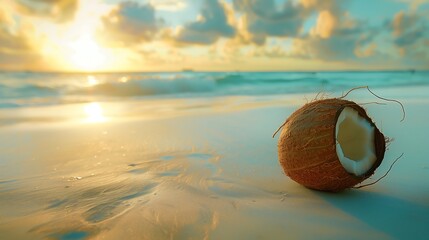 coconut fruit lies serenely on the sun-kissed shores of the beach