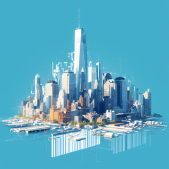 A minimalist digital illustration showcasing a futuristic cityscape, featuring the One World Trade Center and a barcode-inspired design.