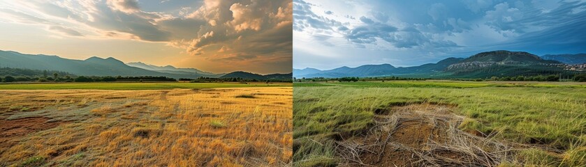 Comparison of dry land and lush nature in a split image