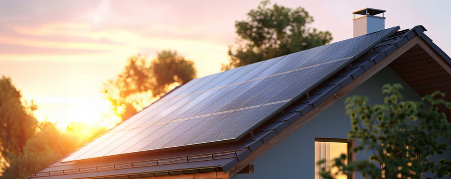 A detail of the solar elektric pannels on the roof at house, Modern and low energy concept of the houses.