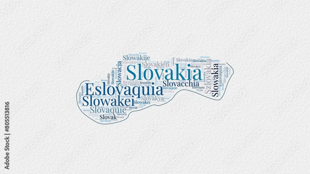 Poster slovakia logo animation featuring a word cloud of country names in multiple languages on a paper-sty