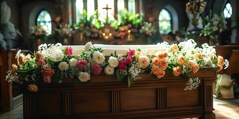 Funeral service held in church, coffin adorned with floral arrangement, mourners gather in sadness