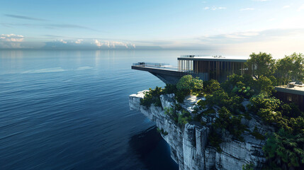 A bird's eye view of a luxury house located on a cliff overlooking the sea, with a dramatic, cantilevered design that offers unobstructed views of the horizon. 