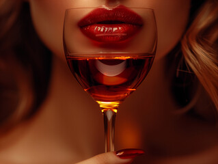 Femme élégante portant un verre de cognac à ses lèvres, dégustation d'alcool fort - obrazy, fototapety, plakaty
