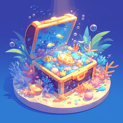 Brightly Lit Animated Pirate Chest in Vibrant Ocean Depths with Corals and Fish