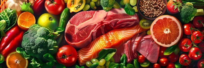 fresh food banner, colorful, beautiful, realistic food such as veggies, lamb meat, beef meat, fish,...