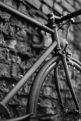 old black bicycle leaning against wall on the city street