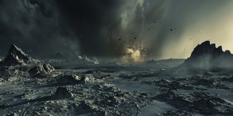 Apocalyptic Landscape with Stormy Sky and Floating Rocks. Mysterious Nighttime On Alien Planet. Generative AI
