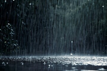 Intense rainfall on dark wet surface