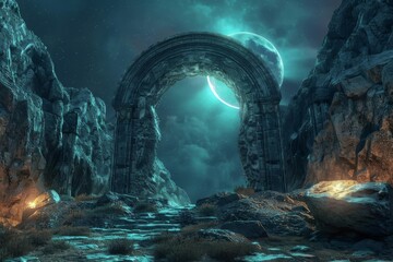 mystical stone gateway leading to an enchanted alien world inviting exploration and adventure 3d fantasy illustration